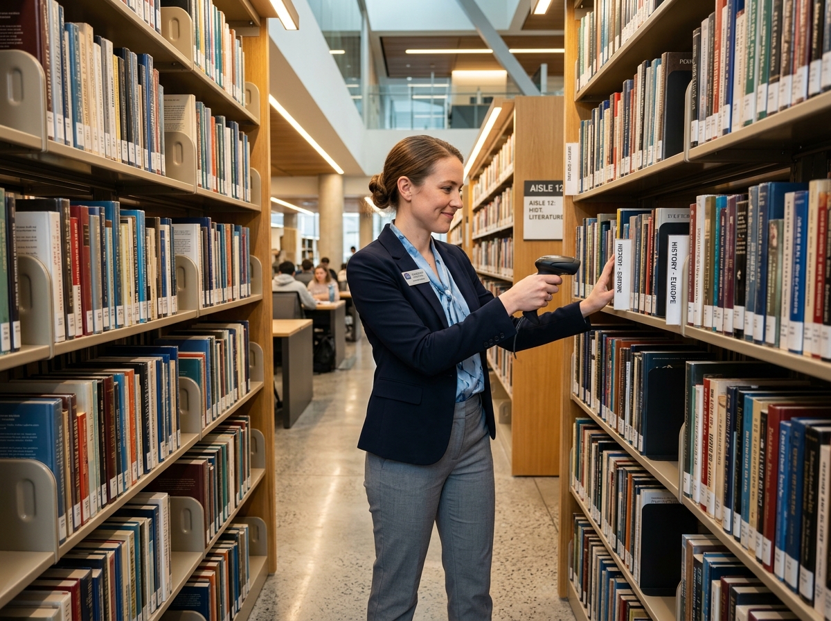 Librarian auditing library shelves with handheld barcode scanner