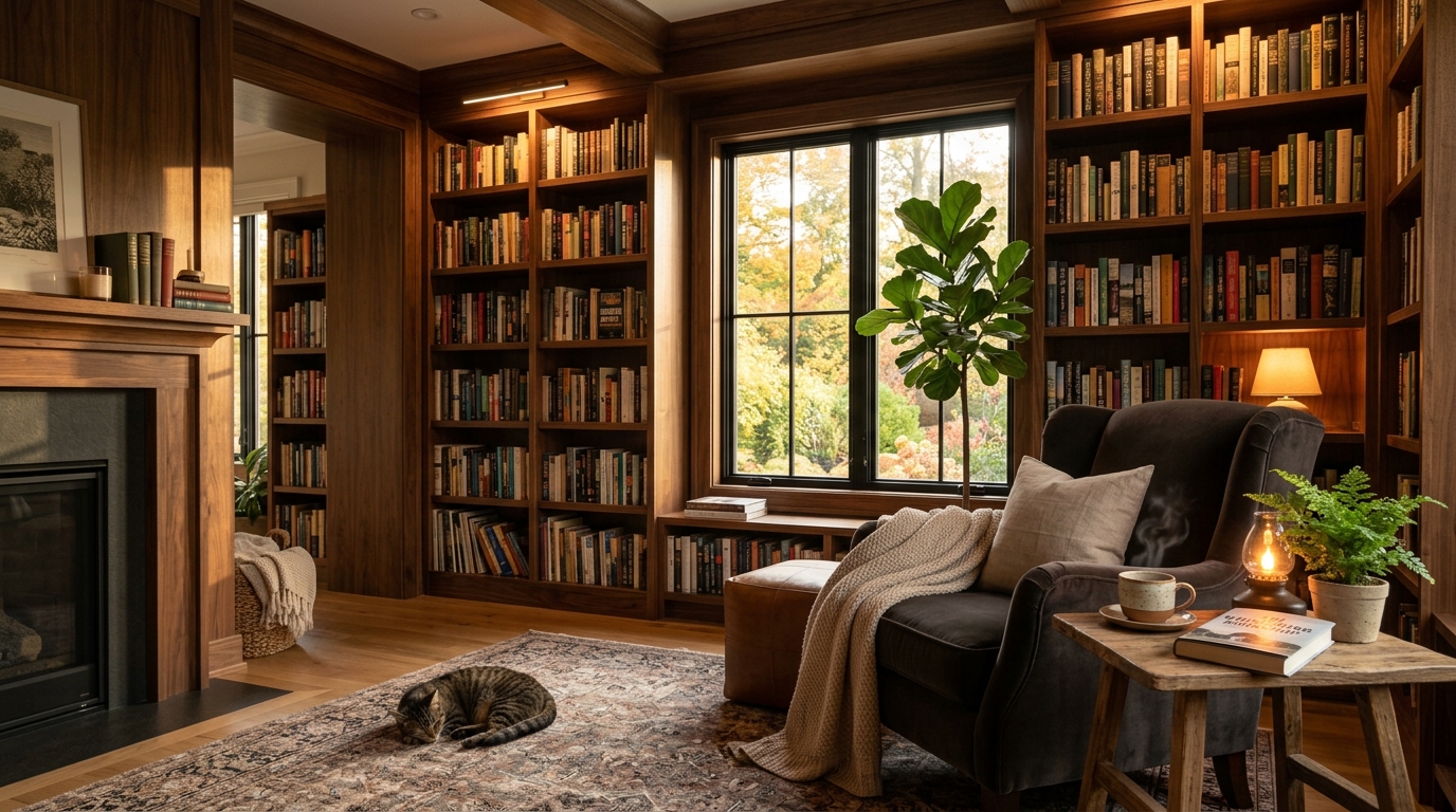 Cozy home library study room filled with books