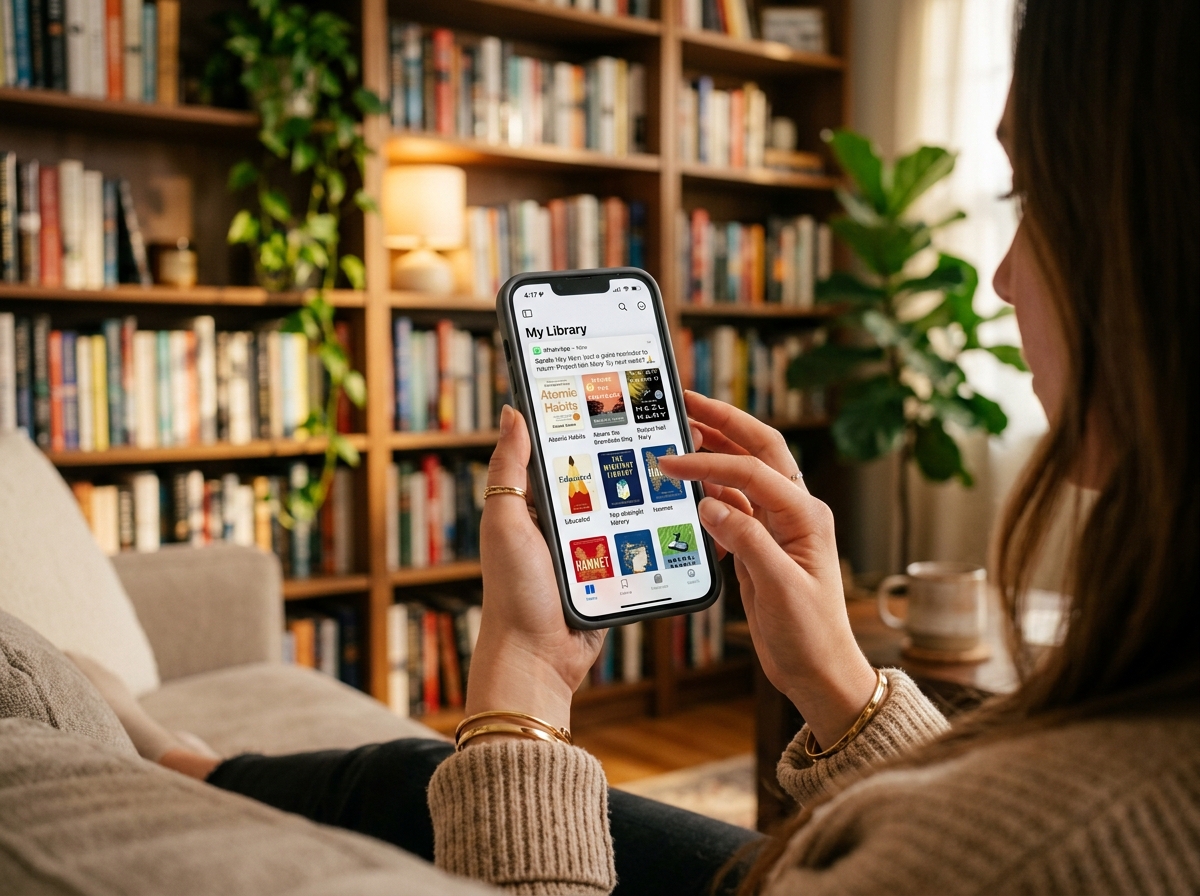 Person holding mobile phone with Granthi personal book collection in a cozy living room